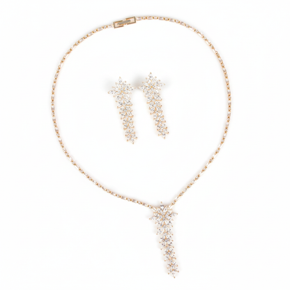 Elegant 14K Gold-Plated Copper & CZ Floral Jewelry Set with Delicate Chain and Matching Earrings