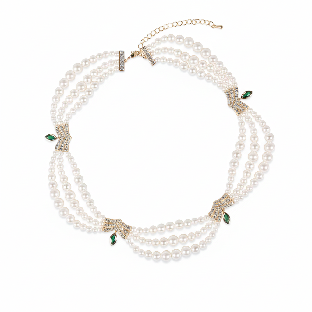 Triple-Layer Pearl Statement Necklace with 14K Gold-Tone Copper Settings & Zircon-Green Gem Accents