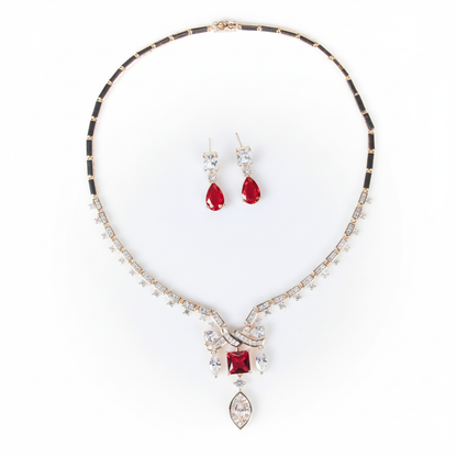 Elegant 14K Gold-Plated Copper & Zircon Jewelry Set with Red Gemstone Center and Teardrop Accents