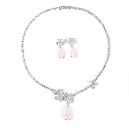 Elegant Rhodium-Plated Copper & CZ Floral Jewelry Set with Pink Teardrop Gemstone Accents