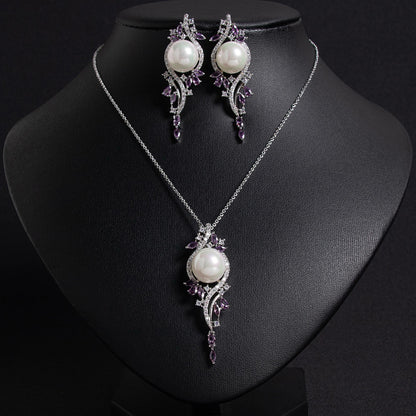 Rhodium-Plated Copper & Pearl Jewelry Set with Pink CZ Floral Arrangement and Matching Earrings