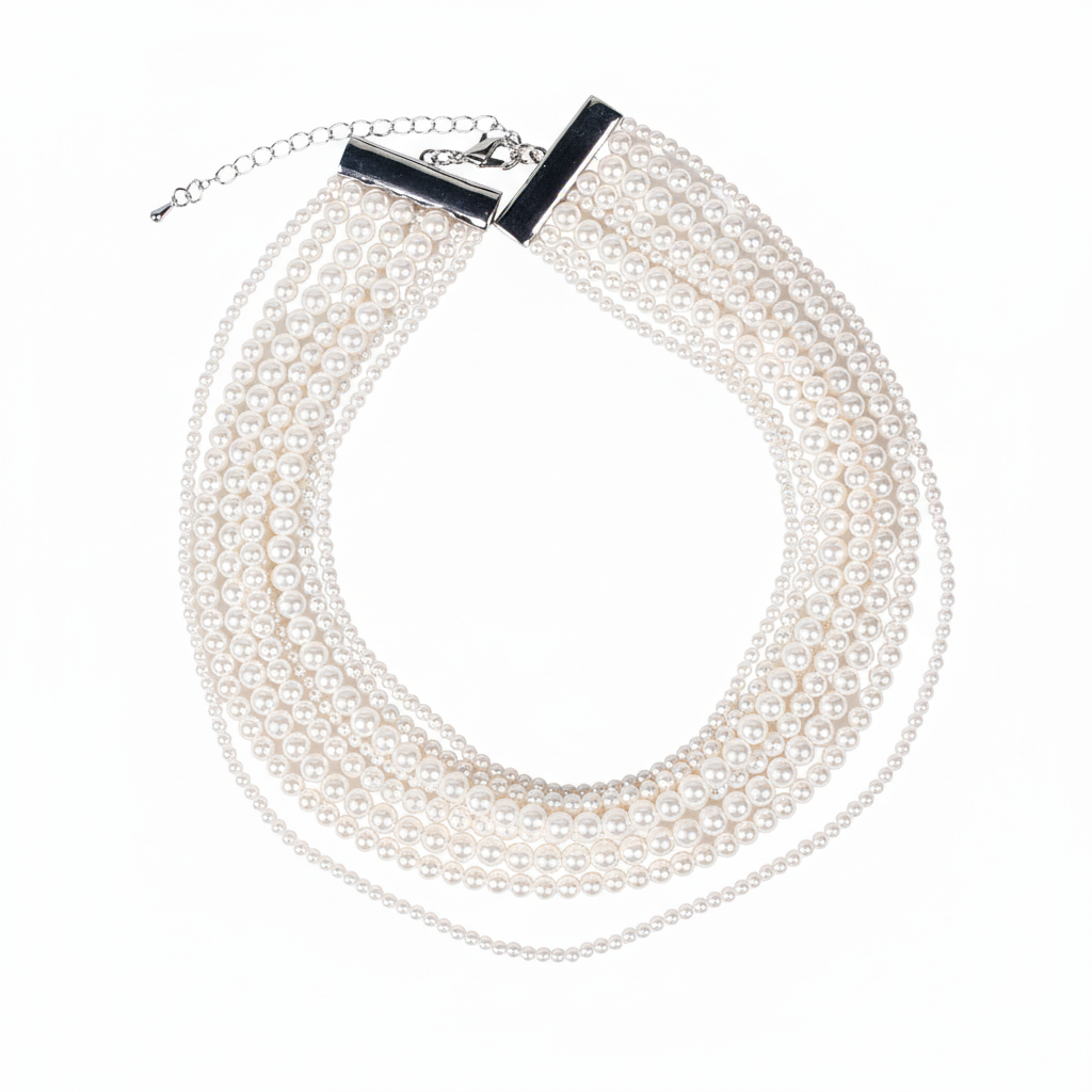 Six-Layer Classic Pearl Necklace with Silver-Tone Clasp & Adjustable Chain