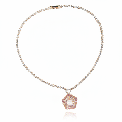 Floral Copper Zircon Statement Necklace with Pink Gem Accents Pearl