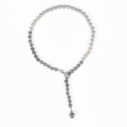 Dual-Strand Pearl Necklace with Copper Zircon Floral Pendant & Imitation Emerald Drop