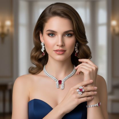 Elegant Rhodium-Plated Copper & CZ Jewelry Set with Red Gemstone Focal Points and All-Over Crystal Accents