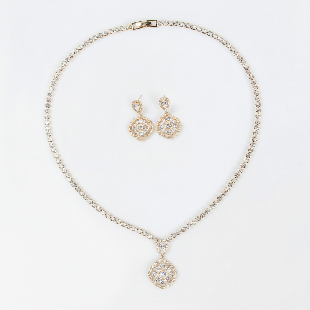 2pcs Copper with Zirconia Earrings & Necklace Jewelry Set