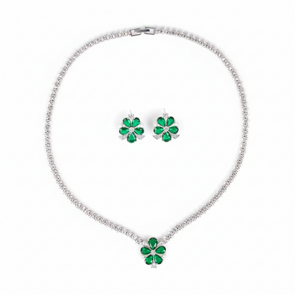 Elegant Rhodium-Plated Copper Zircon Jewelry Set with Floral Green Gemstone Center and Micro-Pave Detailing