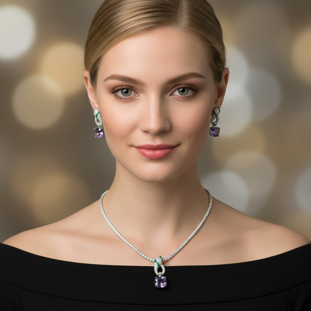 2pcs Copper with Zirconia Earrings & Necklace Jewelry Set