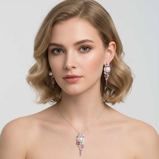 2pcs Copper with Zirconia Earrings & Necklace Jewelry Set