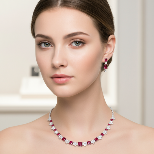 2pcs Copper with Zirconia Earrings & Necklace Jewelry Set