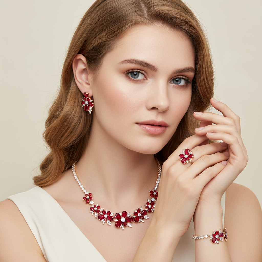 4pcs Copper with Zirconia Earrings & Necklace Jewelry Set