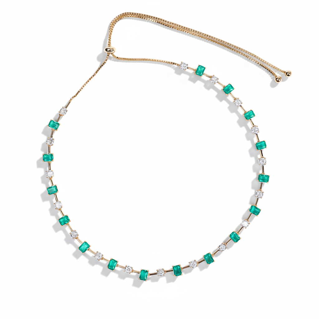 Adjustable Green Gemstone & Zircon Copper Choker Necklace with Square-Cut Accents