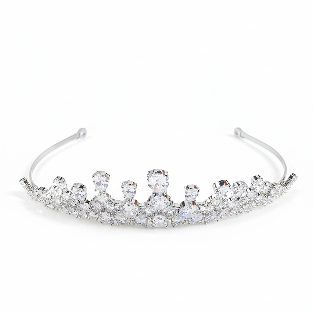 Rhodium-Plated Copper Tiara with Multi-Cut Cubic Zirconia for Bridal & Formal Events