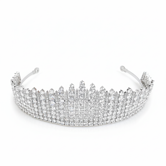 Elegant Rhodium-Plated Copper Tiara with Multi-Row Cubic Zirconia for Bridal & Formal Events