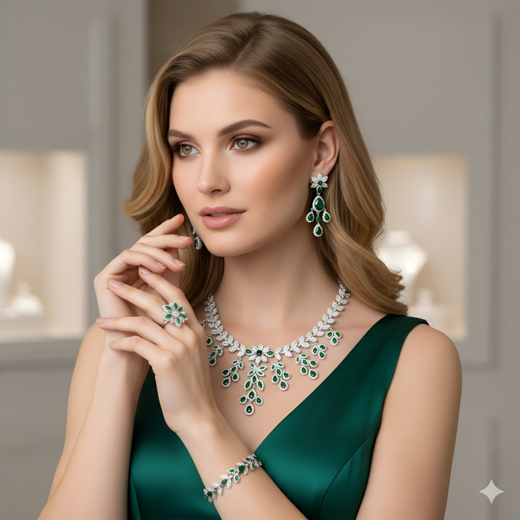 4pcs Copper with Zirconia Earrings & Necklace Jewelry Set
