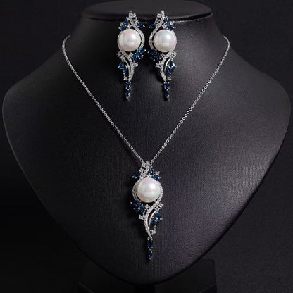 Rhodium-Plated Copper & Pearl Jewelry Set with Pink CZ Floral Arrangement and Matching Earrings