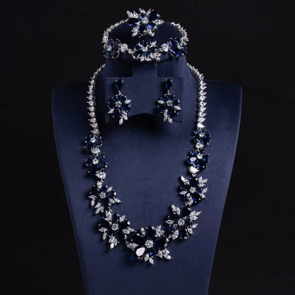 Elegant Rhodium-Plated Copper Floral Jewelry Set with Green Zircon Blossoms and Micro-Pave Crystal Accents