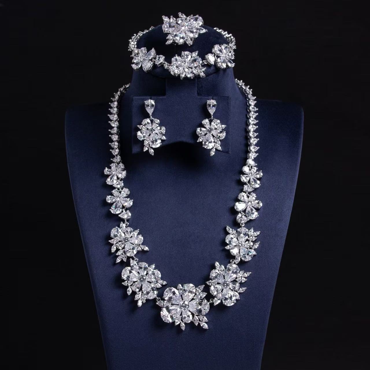 Elegant Rhodium-Plated Copper Floral Jewelry Set with Green Zircon Blossoms and Micro-Pave Crystal Accents