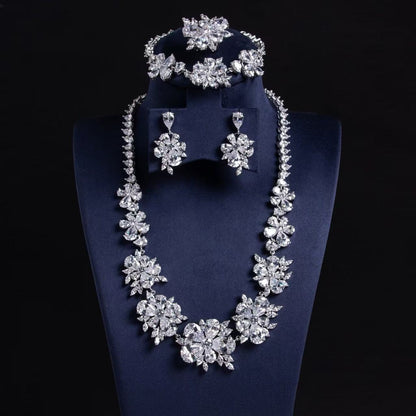 Elegant Rhodium-Plated Copper Floral Jewelry Set with Green Zircon Blossoms and Micro-Pave Crystal Accents