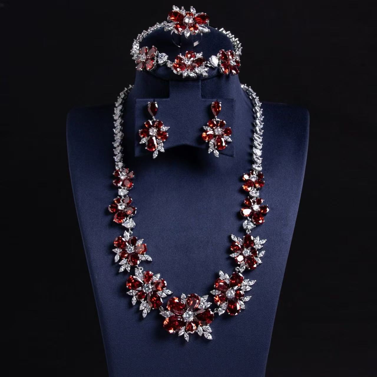 Elegant Rhodium-Plated Copper Floral Jewelry Set with Green Zircon Blossoms and Micro-Pave Crystal Accents