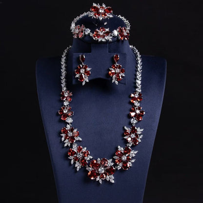Elegant Rhodium-Plated Copper Floral Jewelry Set with Green Zircon Blossoms and Micro-Pave Crystal Accents