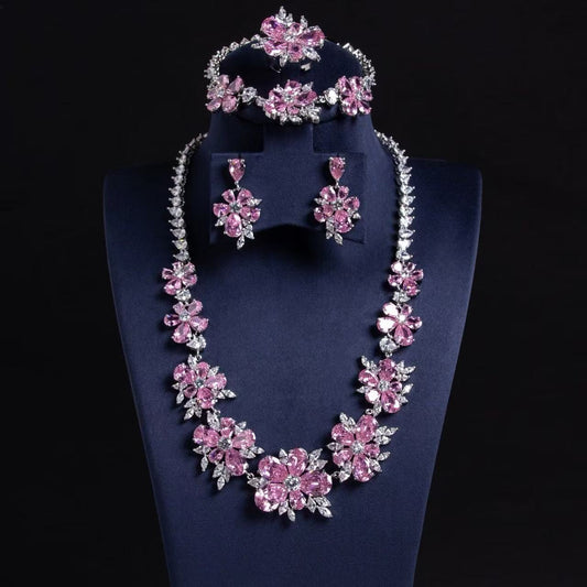 Elegant Rhodium-Plated Copper Floral Jewelry Set with Green Zircon Blossoms and Micro-Pave Crystal Accents