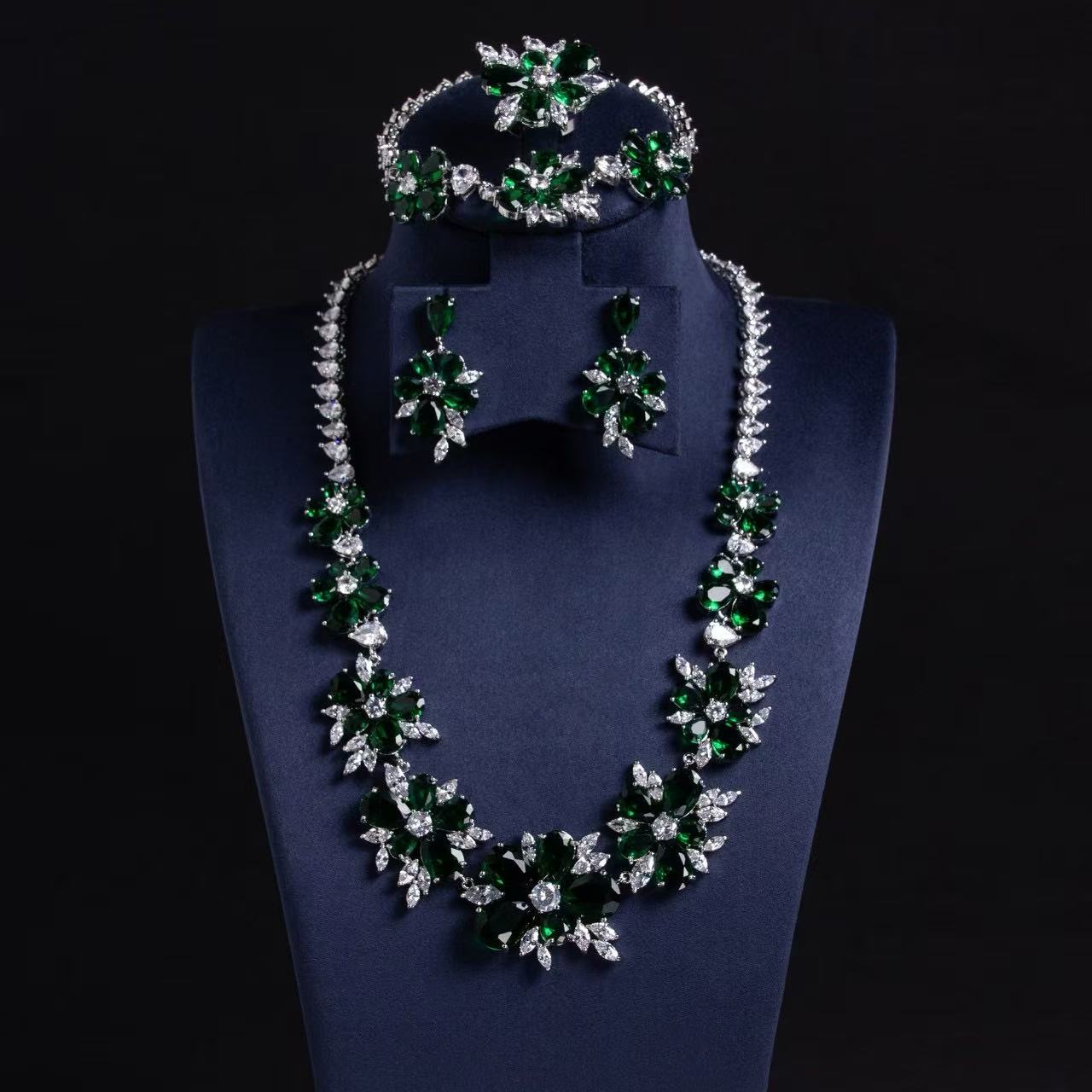 Elegant Rhodium-Plated Copper Floral Jewelry Set with Green Zircon Blossoms and Micro-Pave Crystal Accents