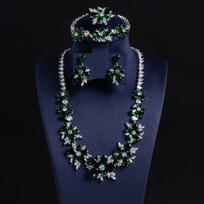 Elegant Rhodium-Plated Copper Floral Jewelry Set with Green Zircon Blossoms and Micro-Pave Crystal Accents