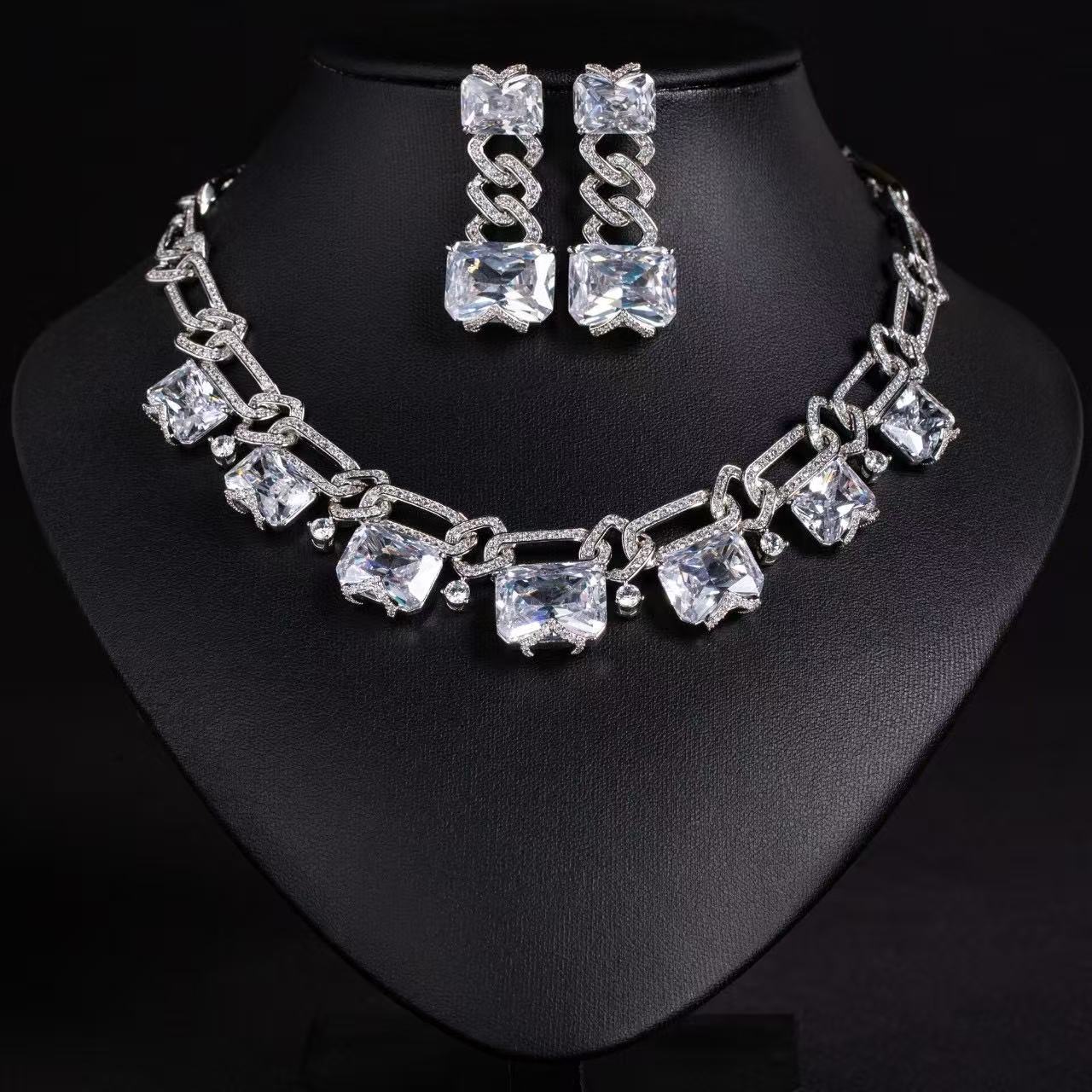 Rhodium-Plated Copper Jewelry Set Cubic Zirconia & Simulated Ruby Statement Necklace and Earrings