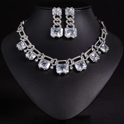 Rhodium-Plated Copper Jewelry Set Cubic Zirconia & Simulated Ruby Statement Necklace and Earrings