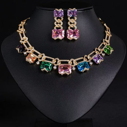 Rhodium-Plated Copper Jewelry Set Cubic Zirconia & Simulated Ruby Statement Necklace and Earrings