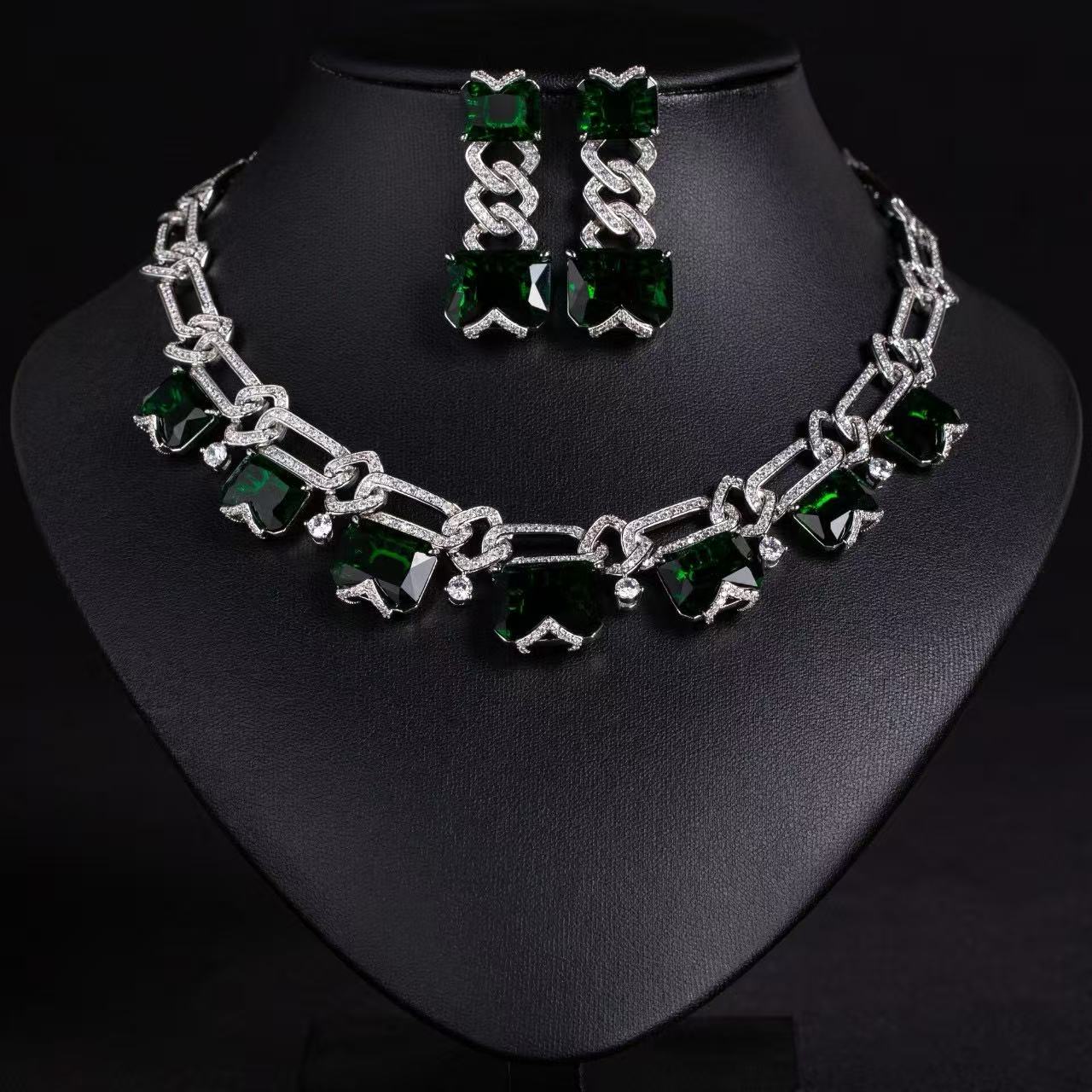 Rhodium-Plated Copper Jewelry Set Cubic Zirconia & Simulated Ruby Statement Necklace and Earrings