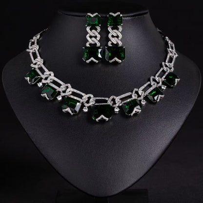 Rhodium-Plated Copper Jewelry Set Cubic Zirconia & Simulated Ruby Statement Necklace and Earrings