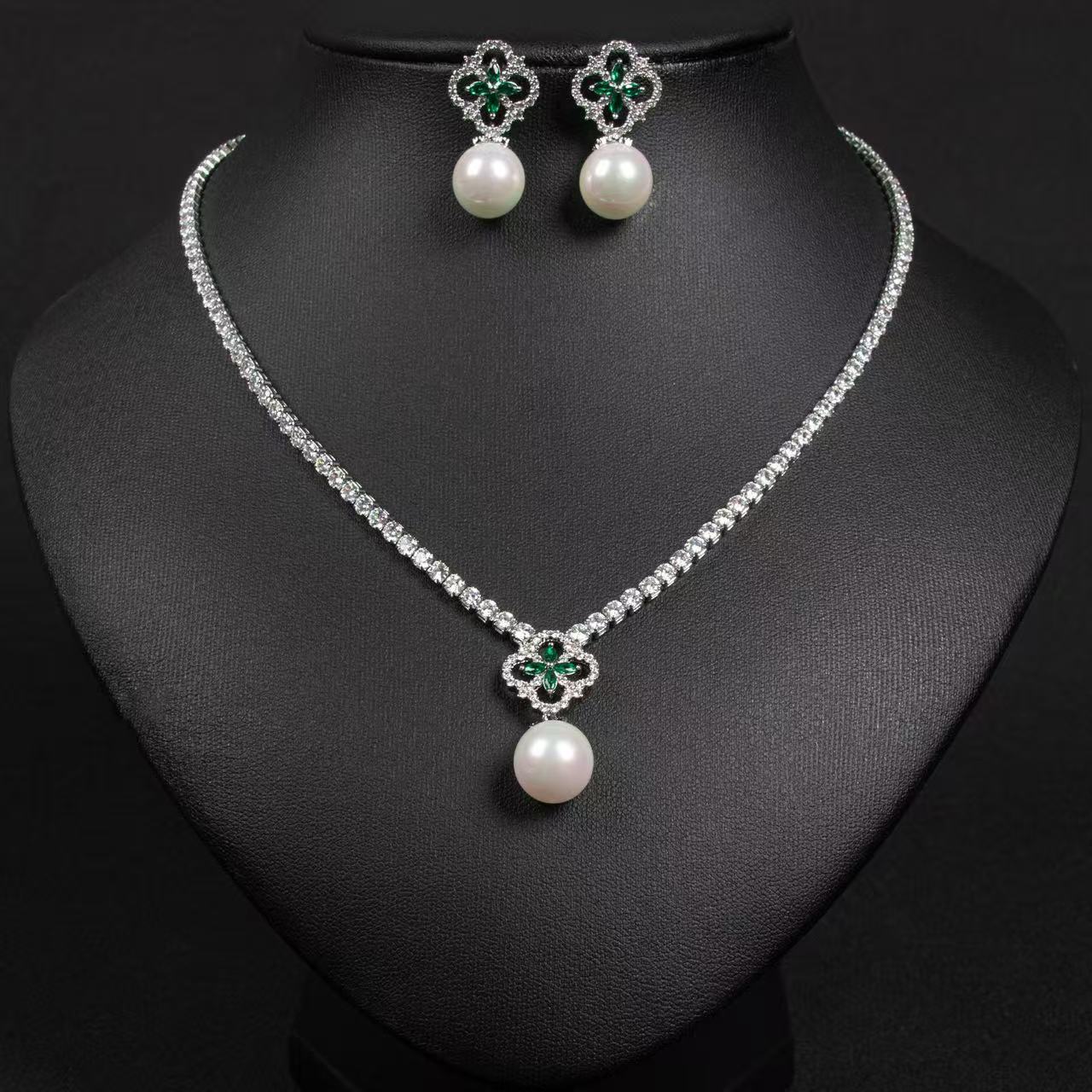 Elegant Rhodium-Plated Copper & CZ Jewelry Set with Red Gemstone Cross and Pearl Drops