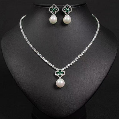 Elegant Rhodium-Plated Copper & CZ Jewelry Set with Red Gemstone Cross and Pearl Drops