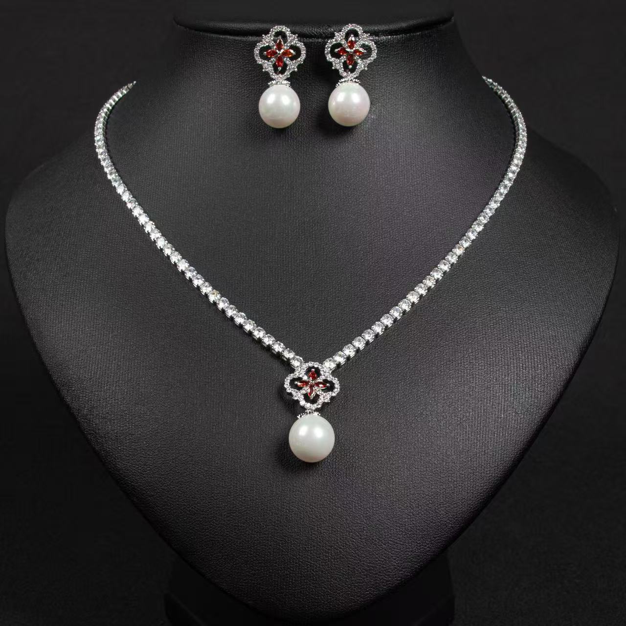 Elegant Rhodium-Plated Copper & CZ Jewelry Set with Red Gemstone Cross and Pearl Drops