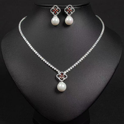 Elegant Rhodium-Plated Copper & CZ Jewelry Set with Red Gemstone Cross and Pearl Drops