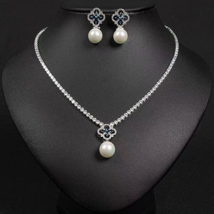 Elegant Rhodium-Plated Copper & CZ Jewelry Set with Red Gemstone Cross and Pearl Drops