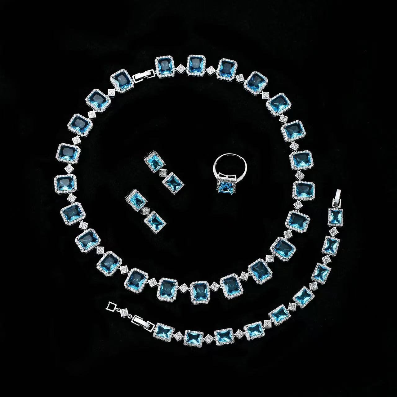 Rectangle Shaped Endless Multi Color Necklace Bracelet Earrings Ring 4pcs Jewelry Sets