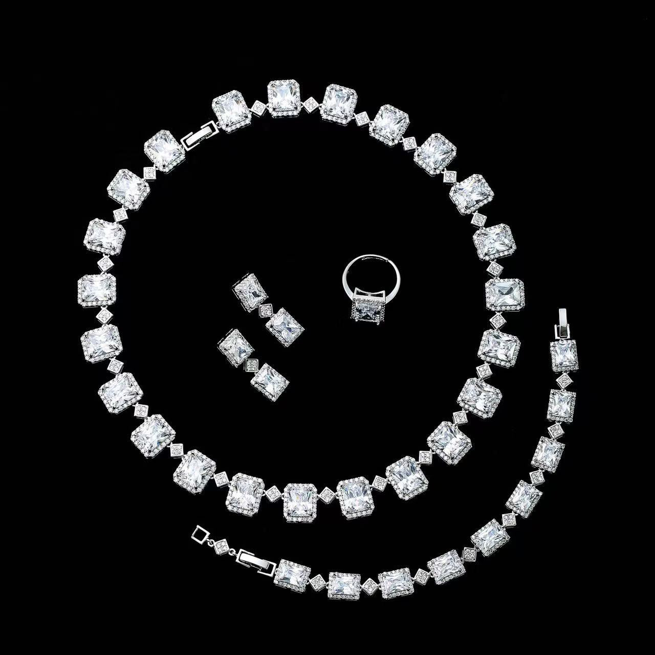 Rectangle Shaped Endless Multi Color Necklace Bracelet Earrings Ring 4pcs Jewelry Sets