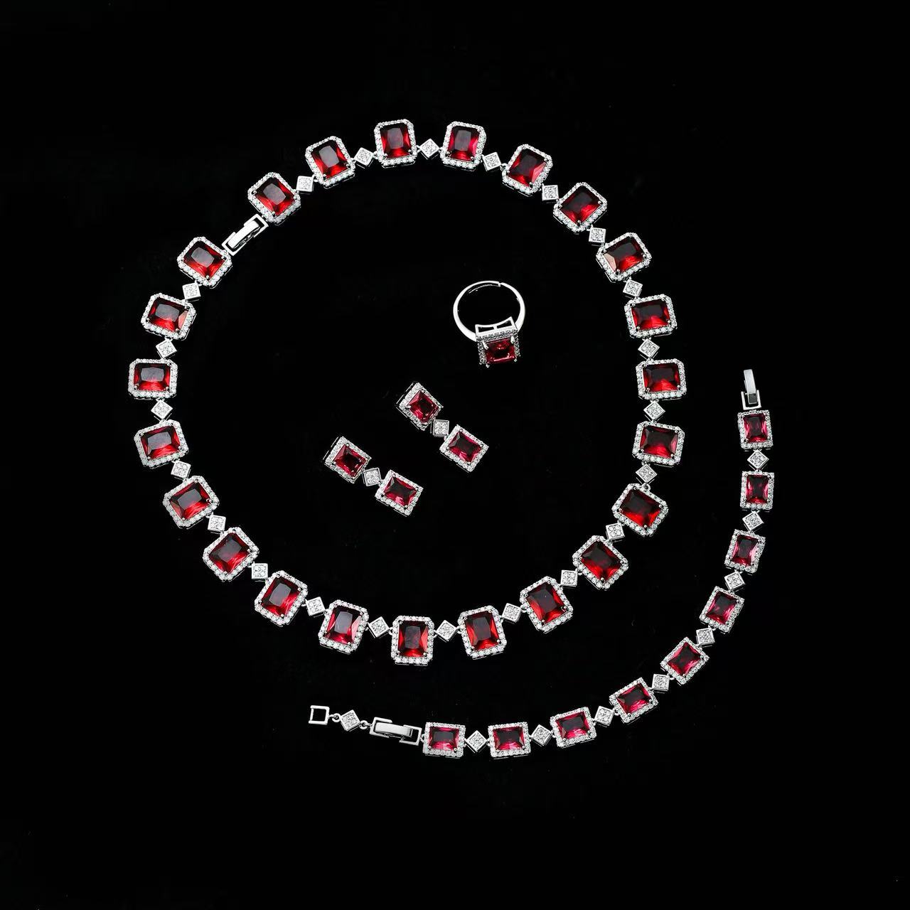 Rectangle Shaped Endless Multi Color Necklace Bracelet Earrings Ring 4pcs Jewelry Sets