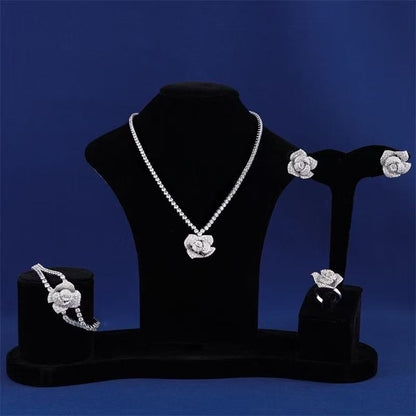 Sparkly Rose Pendant Charms Dangling Necklace Earring Bracelet Rings Sets Women Party Gift