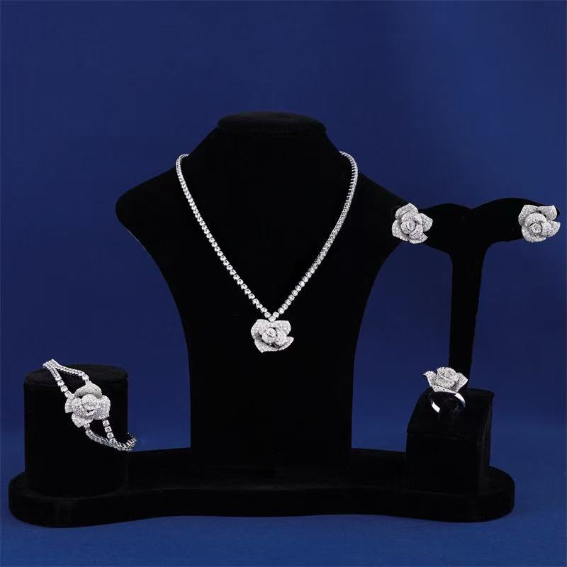 Sparkly Rose Pendant Charms Dangling Necklace Earring Bracelet Rings Sets Women Party Gift