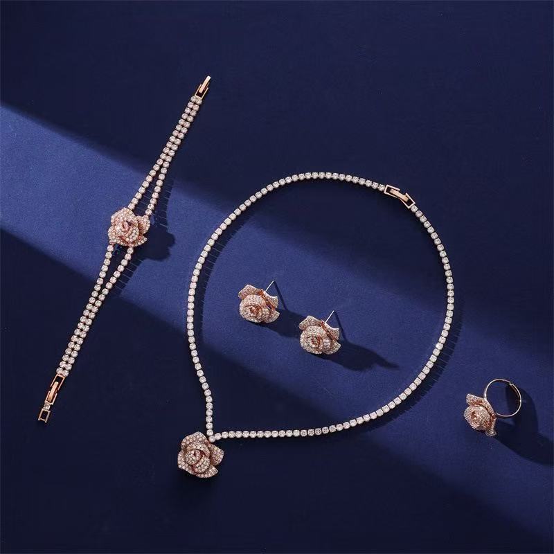 Sparkly Rose Pendant Charms Dangling Necklace Earring Bracelet Rings Sets Women Party Gift