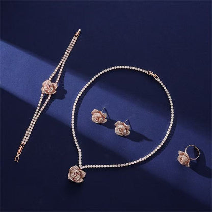 Sparkly Rose Pendant Charms Dangling Necklace Earring Bracelet Rings Sets Women Party Gift
