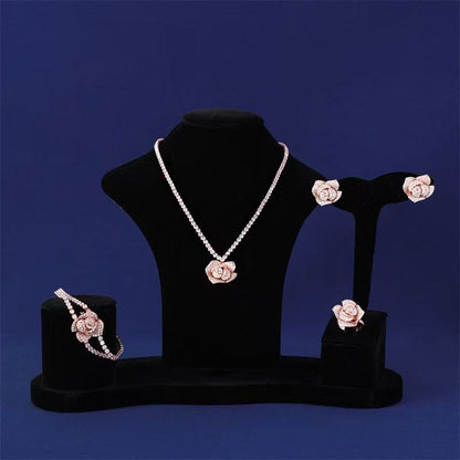 Sparkly Rose Pendant Charms Dangling Necklace Earring Bracelet Rings Sets Women Party Gift