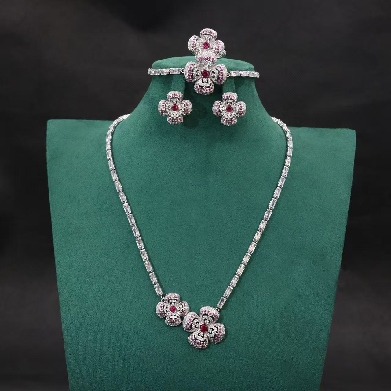 2 Flower Charms Pendant Jewelry Sets Hot Sale Wholesale AAA Cubic Zircon Diamond Sets Women Party Gift