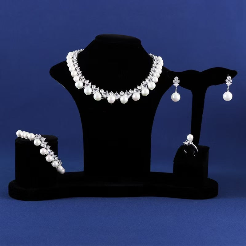 Royal AAA Cubic Zircon Bridal Jewelry Sets Pearls Statement 4pcs Necklace Earrings Sets Women Hot Sale