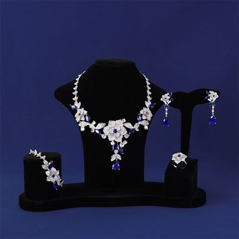 Luxury Big Flower Shaped Royal Jewelry Sets Wholesale AAA Cubic Zirconia Diamond