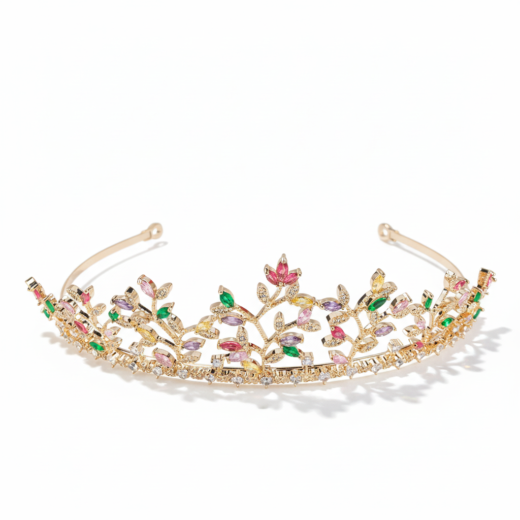Romantic 14K Gold Plated Copper Tiara with Multicolor Zircon Floral Arrangement for Bridal & Special Events